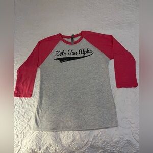 Zeta Tau Alpha Pink and Gray Raglan Sleeve Tee Shirt with Iron-On Design. Size S
